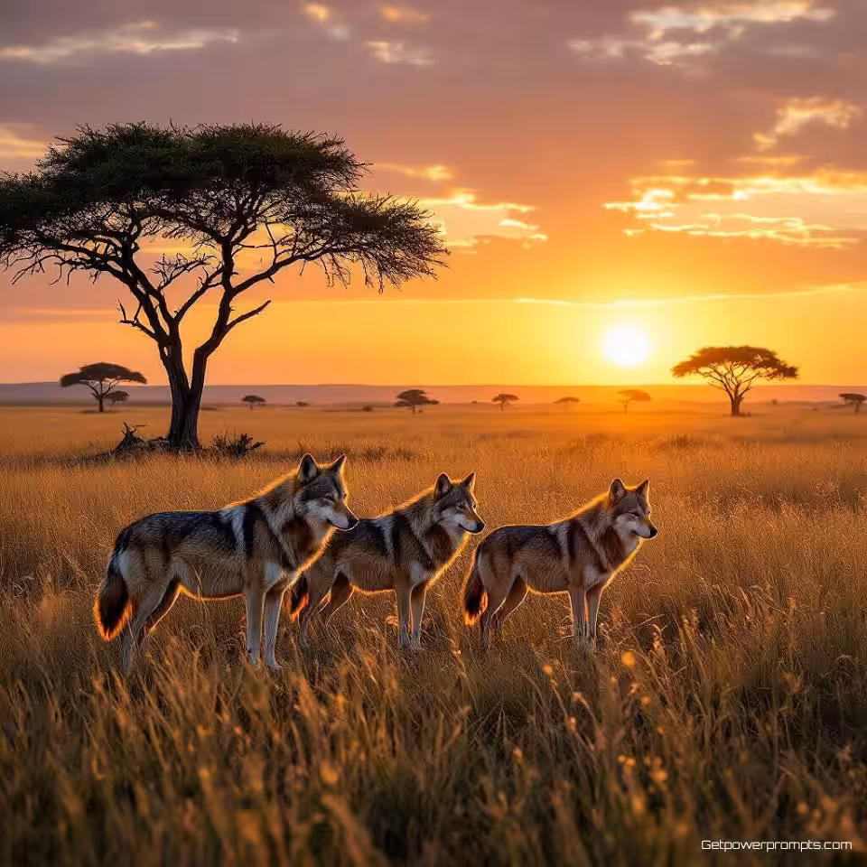 Wolvenroedel, landschapsfotografie, fotorealistisch, gouden uur belichting, groothoekperspectief, savanne omgeving, dramatisch landschap, episch atmosfeer, natuurlijke habitat, omgevingsverhaal