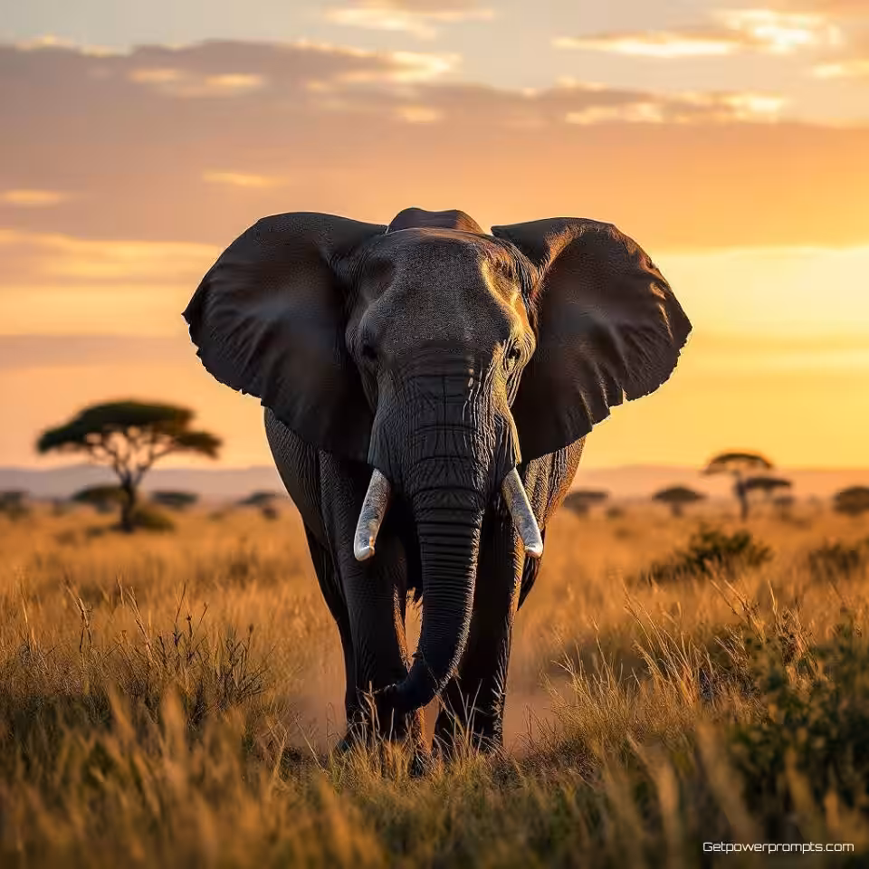 Afrikaanse olifant, landschapsfotografie, fotorealistisch, gouden uur belichting, groothoekperspectief, savanne omgeving, dramatisch landschap, episch atmosfeer, natuurlijke habitat, omgevingsverhaal
