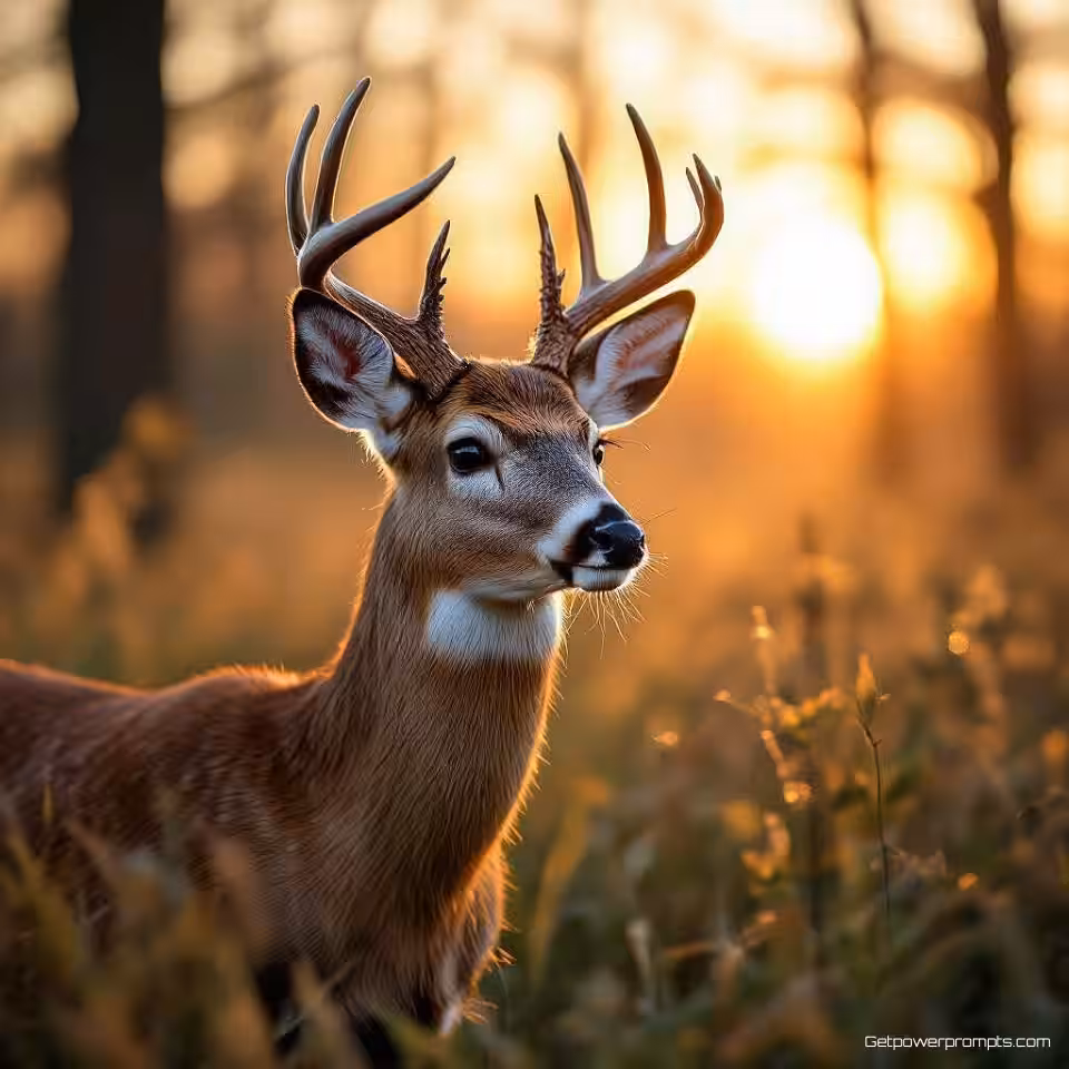 Witstaarthert bij zonsopgang, fotorealistisch, gouden uur belichting belichting, close-up portret perspectief, wazige achtergrond achtergrond, natuurlijke omgeving, gedetailleerde texturen, serene sfeer sfeer