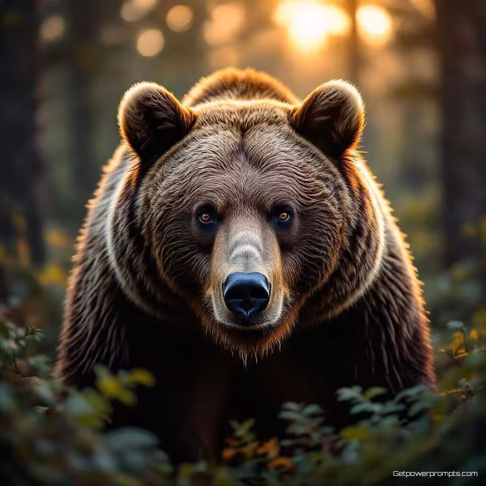 Bruine beer in bos, fotorealistisch, gouden uur belichting belichting, close-up portret perspectief, wazige achtergrond achtergrond, natuurlijke omgeving, gedetailleerde texturen, serene sfeer sfeer