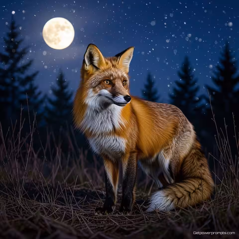 Rode vos, nachtfotografie, fotorealistisch, maanlicht belichting, groothoek perspectief, nachtelijke omgeving, wazig achtergrond, mysterieus atmosfeer, sterrenhemel, maanverlichte scène, natuurlijke duisternis, wildlife activiteit