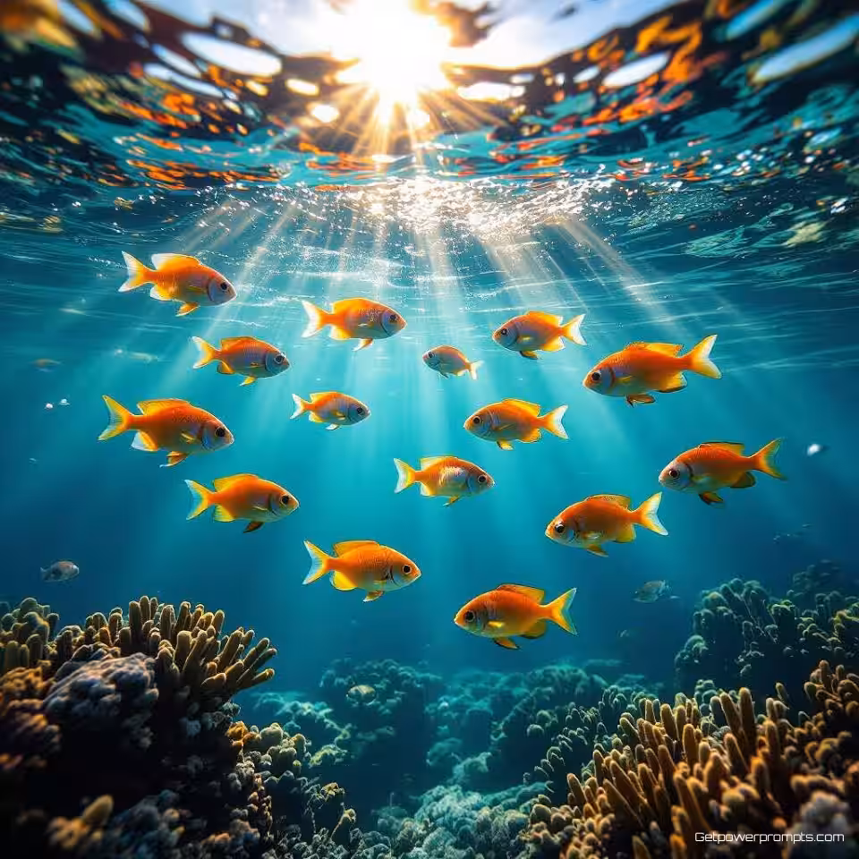 School tropische vissen, onderwaterfotografie, fotorealistisch, zonlicht filterend door water verlichting, close-up perspectief, aquatische omgeving, waterbrekingseffecten, marien habitat, serene atmosfeer, kristalhelder zichtbaarheid, natuurlijk onderwaterlandschap