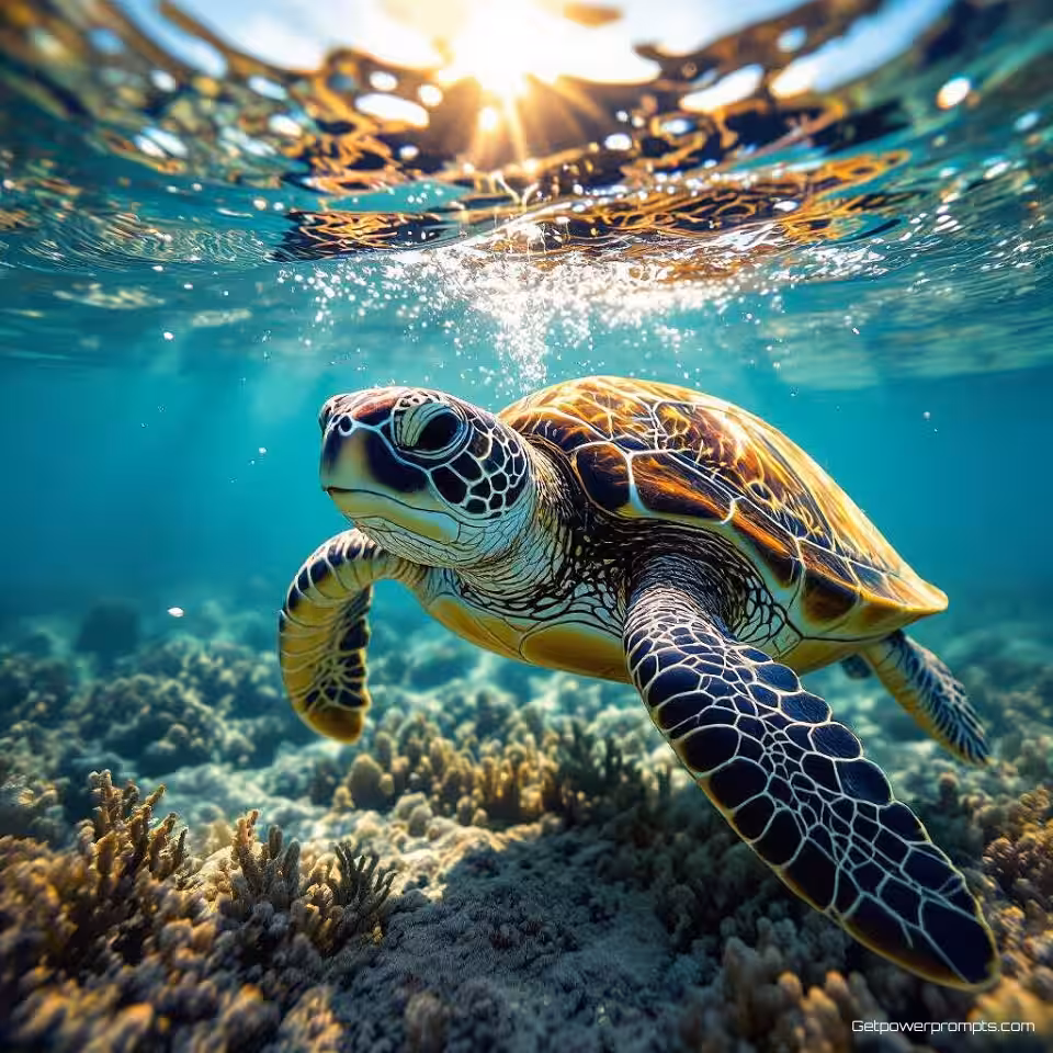 Zeeschildpad, onderwaterfotografie, fotorealistisch, zonlicht filterend door water verlichting, close-up perspectief, aquatische omgeving, waterbrekingseffecten, marien habitat, serene atmosfeer, kristalhelder zichtbaarheid, natuurlijk onderwaterlandschap