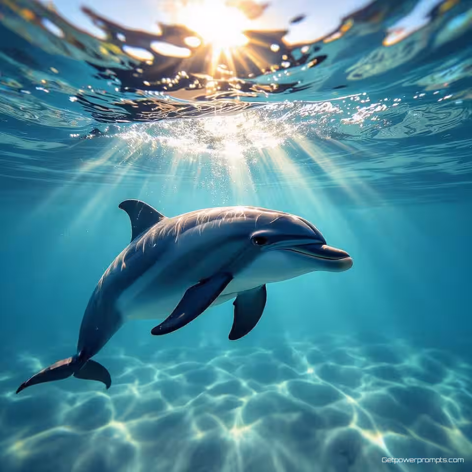 Dolfijn, onderwaterfotografie, fotorealistisch, zonlicht filterend door water verlichting, close-up perspectief, aquatische omgeving, waterbrekingseffecten, marien habitat, serene atmosfeer, kristalhelder zichtbaarheid, natuurlijk onderwaterlandschap