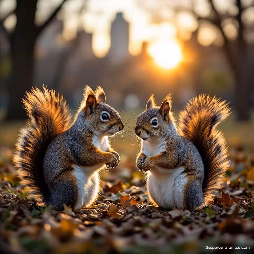 Eekhoorn, stedelijke wildlife fotografie, fotorealistische stijl, gouden uur verlichting belichting, ooghoogte perspectief perspectief, stadsomgeving, onscherpe achtergrond achtergrond, serieuze sfeer atmosfeer, mens-wildlife samenleven, stedelijke habitat aanpassing, natuurlijke elementen in stedelijke omgeving