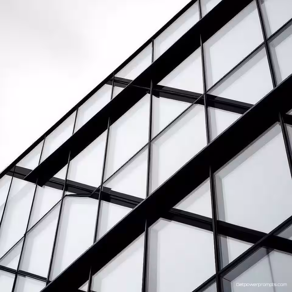 Glazen gevel, abstracte architectuurfotografie, minimalistisch stijl, close-up perspectief, monochroom kleurenschema, dramatische belichting, geometrische patronen, artistieke interpretatie