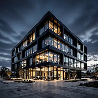 Contemporain kantoorgebouw, zwart-wit architectuurfotografie, groothoek perspectief perspectief, dramatische zijbelichting belichting, dramatisch atmosfeer, professionele architectuurfotografie, scherpe focus, dramatisch contrast, tonenbereik, architectuurtexturen, monochroom esthetiek, tijdloze kwaliteit