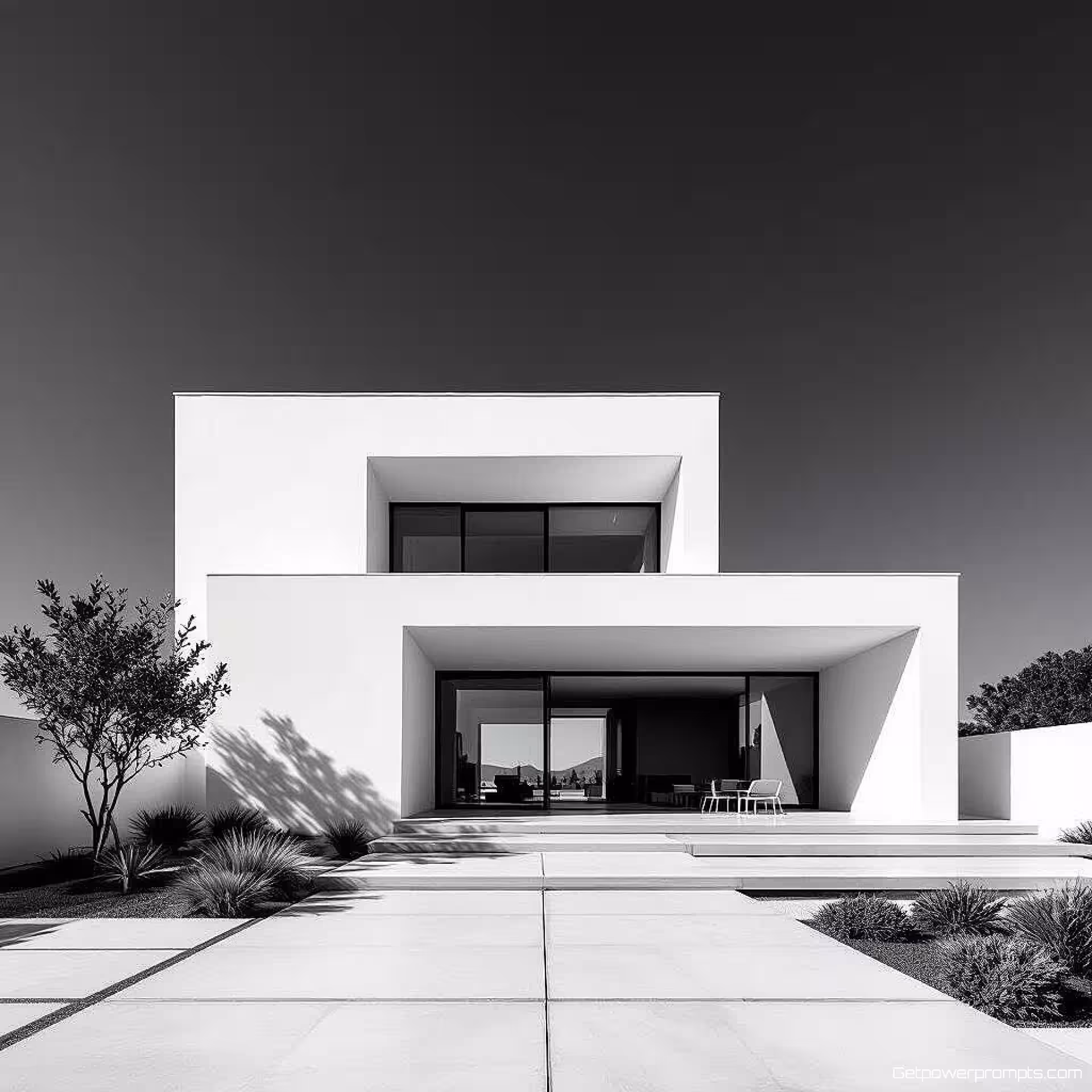 Minimalistisch huis, zwart-wit architectuurfotografie, groothoek perspectief perspectief, dramatische zijbelichting belichting, dramatisch atmosfeer, professionele architectuurfotografie, scherpe focus, dramatisch contrast, tonenbereik, architectuurtexturen, monochroom esthetiek, tijdloze kwaliteit