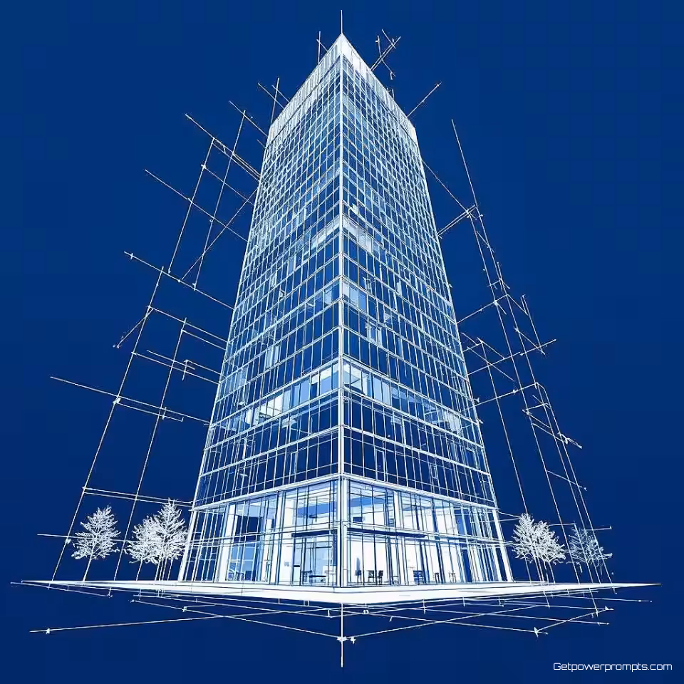 Kantoor wolkenkrabber, architectuur blauwdruk fotografie, precieze technische tekening stijl, voorgevel perspectief perspectief, zacht natuurlijk daglicht verlichting, zakelijke professionele sfeer atmosfeer, technische tekeningen, precieze lijnen, professionele architectuur documentatie, scherpe focus, traditioneel monochroom blauw kleurenschema, teken details, schaal metingen