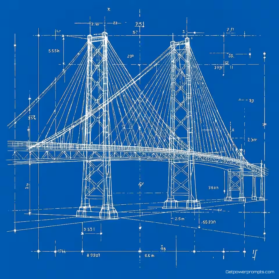 Hangbrug, architectuur blauwdruk fotografie, precieze technische tekening stijl, voorgevel perspectief perspectief, zacht natuurlijk daglicht verlichting, zakelijke professionele sfeer atmosfeer, technische tekeningen, precieze lijnen, professionele architectuur documentatie, scherpe focus, traditioneel monochroom blauw kleurenschema, teken details, schaal metingen