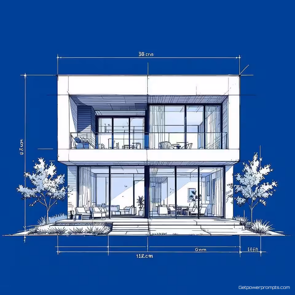 Modern woonhuis, architectuur blauwdruk fotografie, precieze technische tekening stijl, voorgevel perspectief perspectief, zacht natuurlijk daglicht verlichting, zakelijke professionele sfeer atmosfeer, technische tekeningen, precieze lijnen, professionele architectuur documentatie, scherpe focus, traditioneel monochroom blauw kleurenschema, teken details, schaal metingen