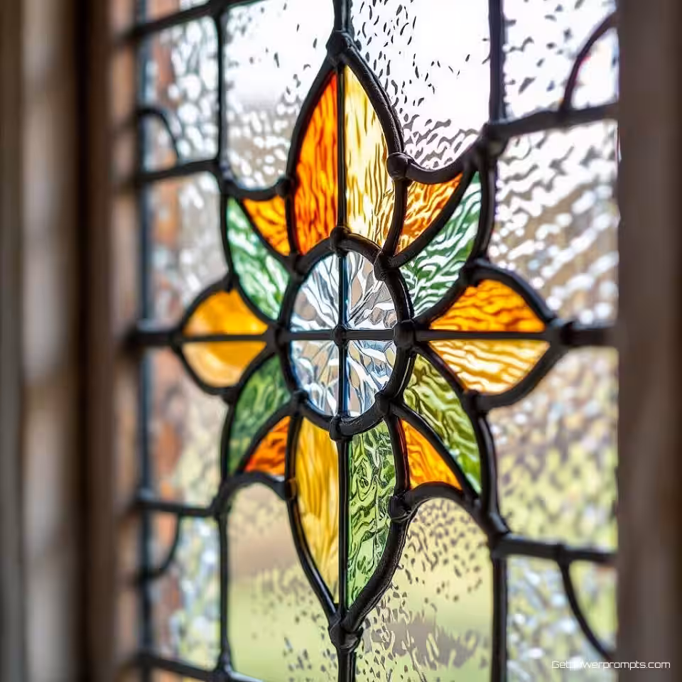 Gebrandschilderd raam detail, macro architectuurfotografie, verweerd hout texturen, extreme close-up perspectief, zacht natuurlijk licht verlichting, rustgevend en tijdloos atmosfeer, extreme close-up, ingewikkelde details, professionele architectuurfotografie, scherpe focus, natuurlijke materialen