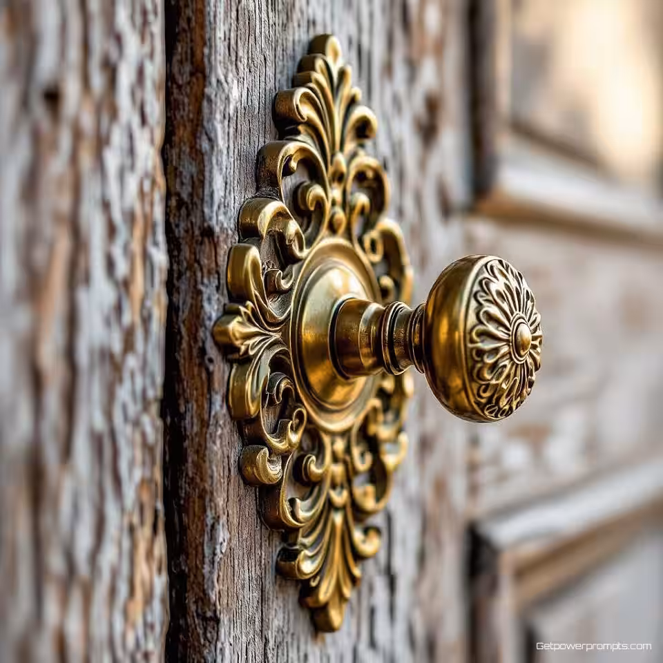 Ornamentele messing deurknop, macro architectuurfotografie, verweerd hout texturen, extreme close-up perspectief, zacht natuurlijk licht verlichting, rustgevend en tijdloos atmosfeer, extreme close-up, ingewikkelde details, professionele architectuurfotografie, scherpe focus, natuurlijke materialen