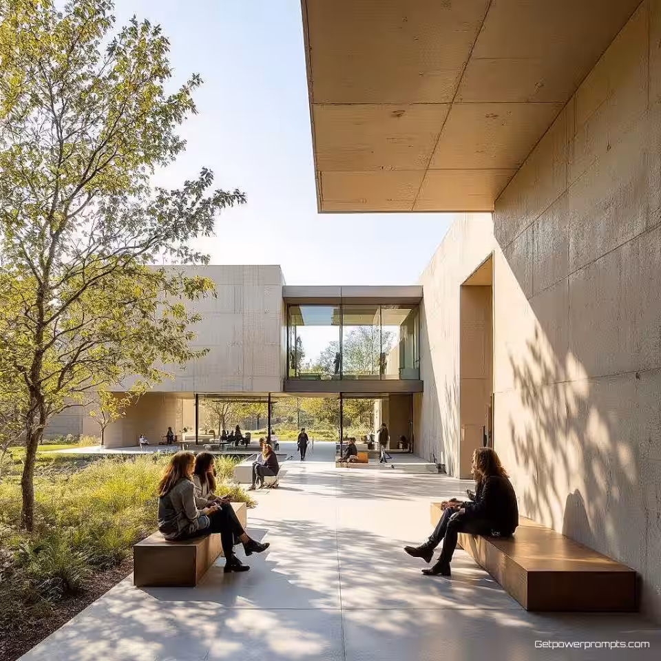 Hedendaags kunstmuseum, documentaire architectuurfotografie, menselijk schaal omgevingsportret perspectief, natuurlijk daglicht belichting, rustig contemplatief atmosfeer, authentiek verhalen vertellen, contextuele omgeving, menselijke interactie, professionele architectuurdocumentatie, scherpe focus, natuurlijke texturen, aards neutraal kleurenschema, omgevingsverhaal, spontane momenten