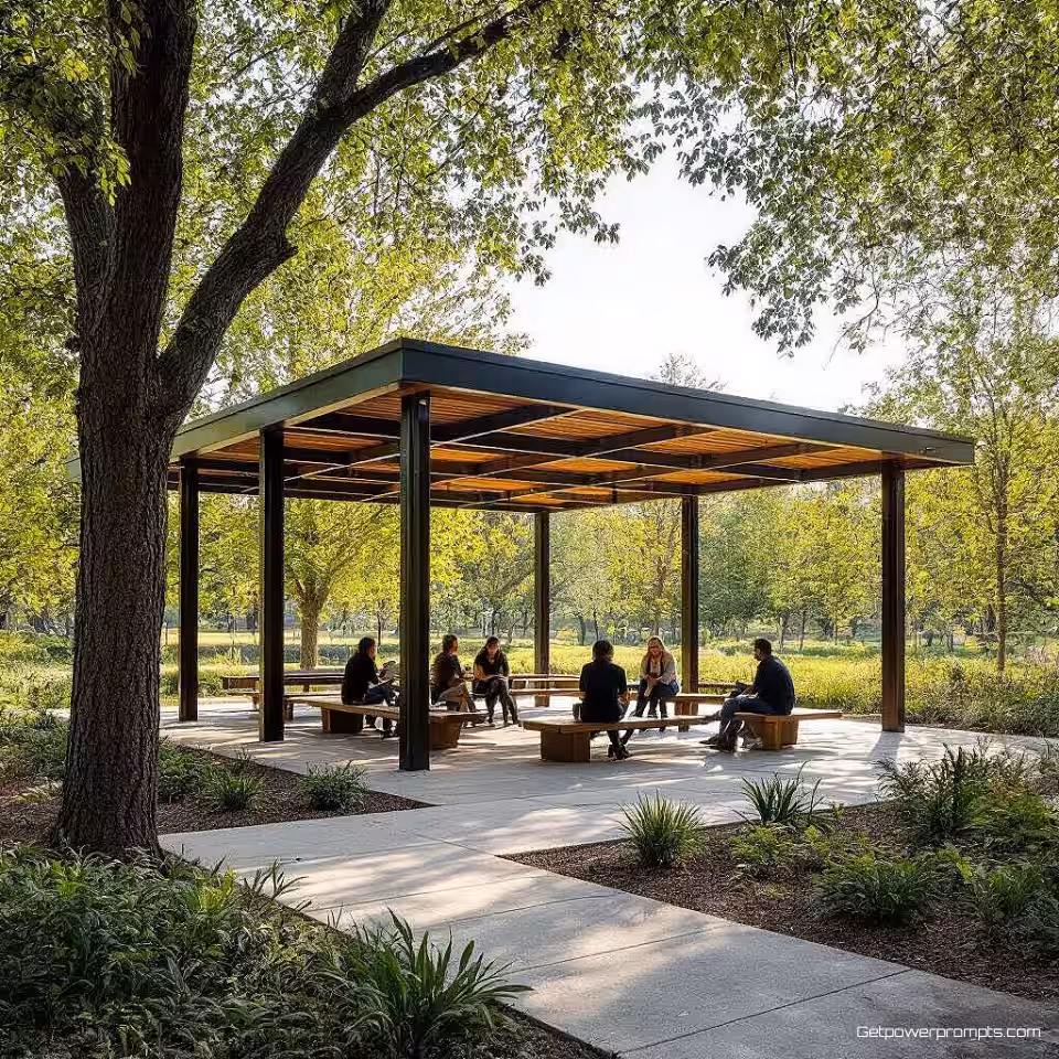 Stedelijk parkpaviljoen, documentaire architectuurfotografie, menselijk schaal omgevingsportret perspectief, natuurlijk daglicht belichting, rustig contemplatief atmosfeer, authentiek verhalen vertellen, contextuele omgeving, menselijke interactie, professionele architectuurdocumentatie, scherpe focus, natuurlijke texturen, aards neutraal kleurenschema, omgevingsverhaal, spontane momenten