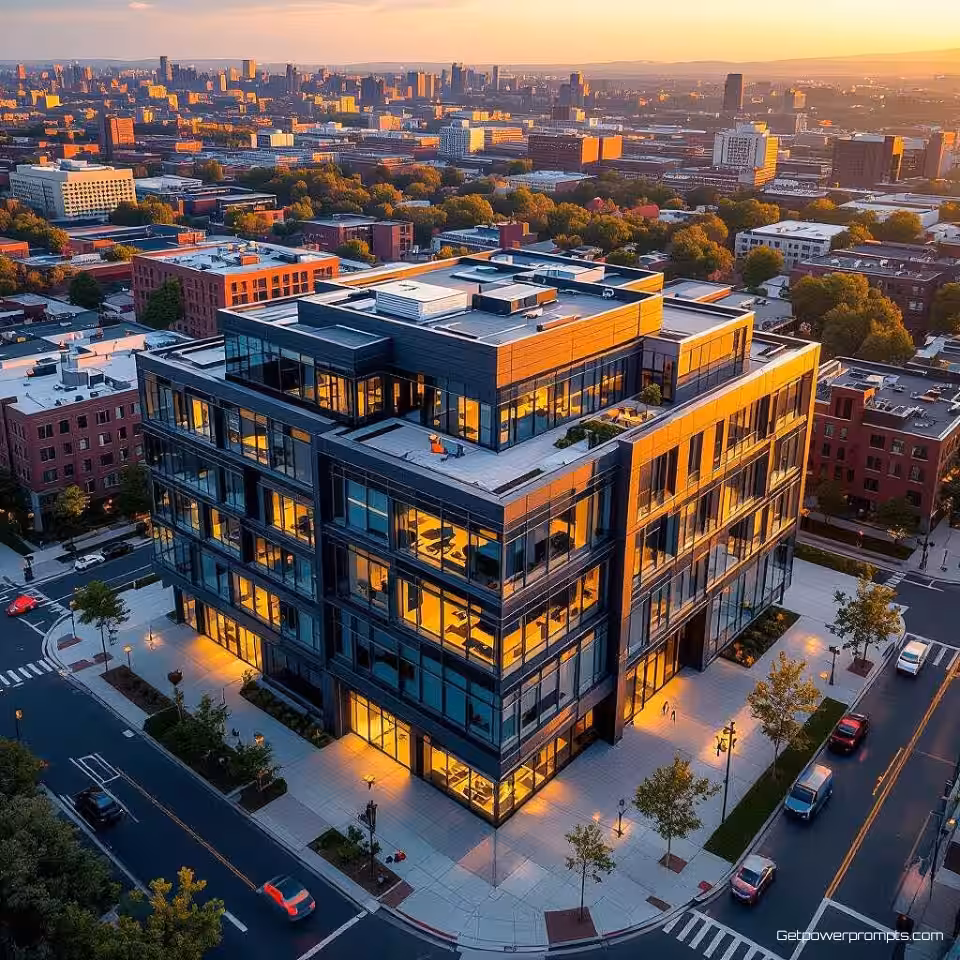 Contemporair kantoorgebouw, drone architectuurfotografie, bovenaanzicht perspectief, gouden uur belichting, dramatisch atmosfeer, luchtfoto, professionele architectuurfotografie, scherpe focus, stadslandschap, omgevingscontext, dramatische schaal, monochroom kleurenschema