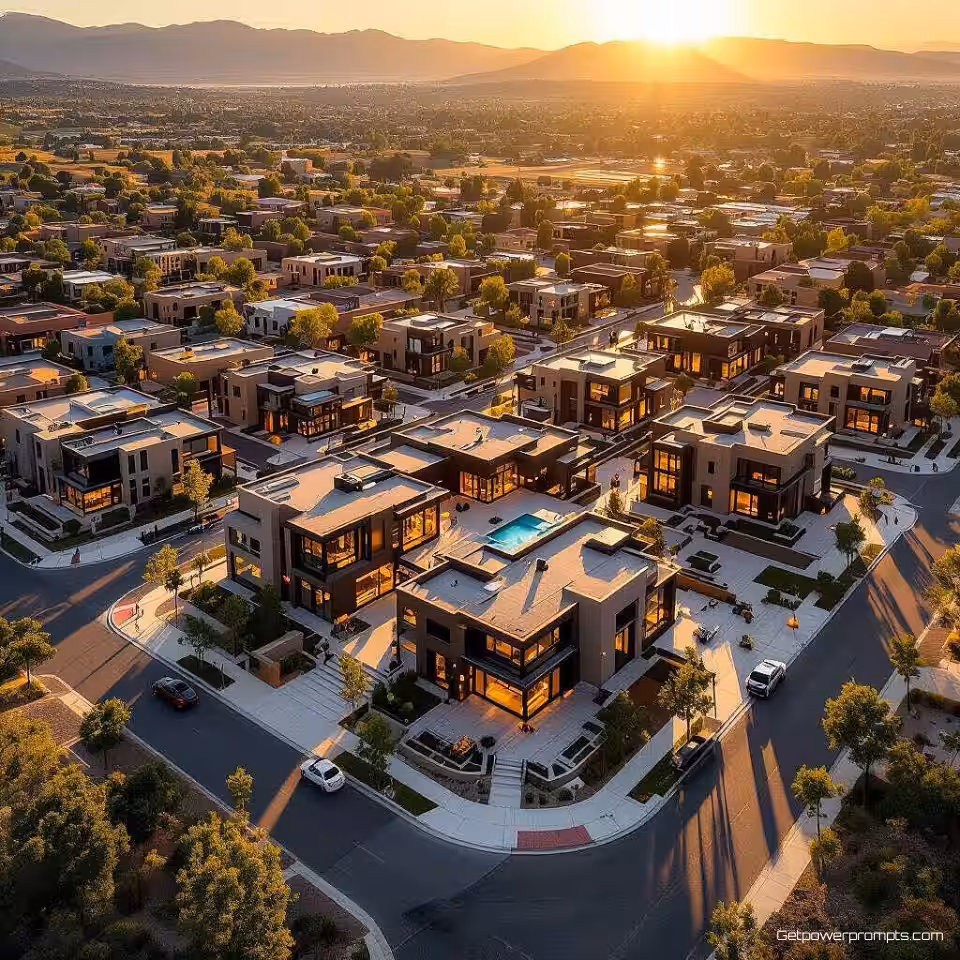 Woonontwikkeling, drone architectuurfotografie, bovenaanzicht perspectief, gouden uur belichting, dramatisch atmosfeer, luchtfoto, professionele architectuurfotografie, scherpe focus, stadslandschap, omgevingscontext, dramatische schaal, monochroom kleurenschema