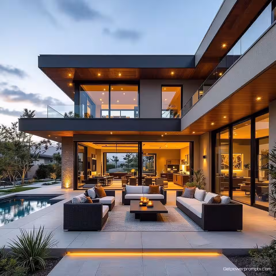 Modern gezinshuis, HDR architectuurfotografie, laaghoekperspectief perspectief, gemengde binnenverlichting belichting, dramatische sfeer sfeer, hoog dynamisch bereik, professionele architectuurfotografie, scherpe focus, verbeterde details, warm aards kleurenschema kleurenschema, rijke tonale reeks, dramatisch contrast, architecturale texturen