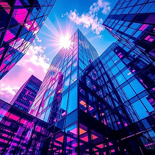 Contemporaine kantoor toren, infrarood architectuurfotografie, groothoek perspectief perspectief, fel zonlicht belichting, dramatische atmosfeer atmosfeer, vals kleurenspectrum, professionele architectuurfotografie, scherpe focus, surrealistisch landschap, dramatisch contrast, cyaan en rood kleurenschema kleurenschema, spectrale effecten, atmosferische vervorming