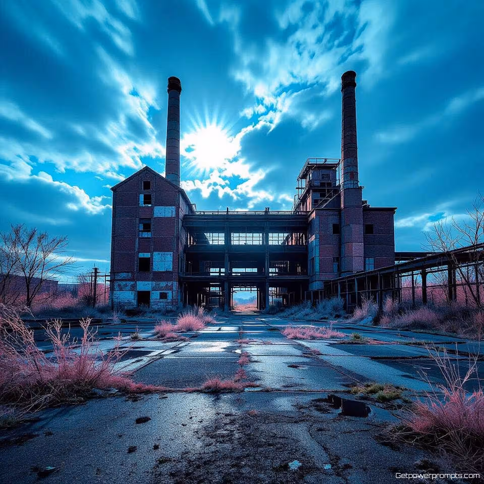 Verlaten fabriek, infrarood architectuurfotografie, groothoek perspectief perspectief, fel zonlicht belichting, dramatische atmosfeer atmosfeer, vals kleurenspectrum, professionele architectuurfotografie, scherpe focus, surrealistisch landschap, dramatisch contrast, cyaan en rood kleurenschema kleurenschema, spectrale effecten, atmosferische vervorming