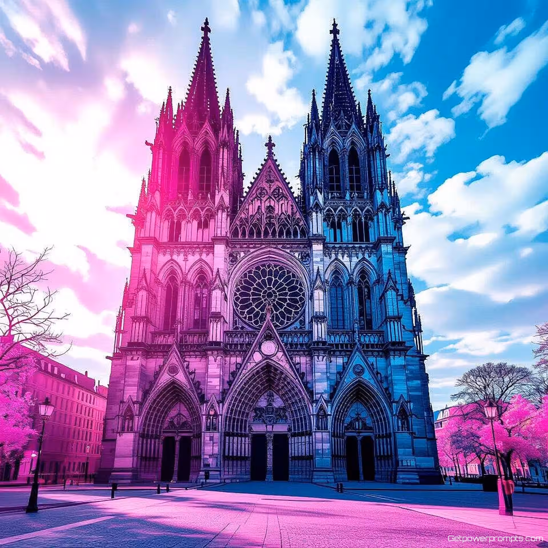 Gotische kathedraal, infrarood architectuurfotografie, groothoek perspectief perspectief, fel zonlicht belichting, dramatische atmosfeer atmosfeer, vals kleurenspectrum, professionele architectuurfotografie, scherpe focus, surrealistisch landschap, dramatisch contrast, cyaan en rood kleurenschema kleurenschema, spectrale effecten, atmosferische vervorming