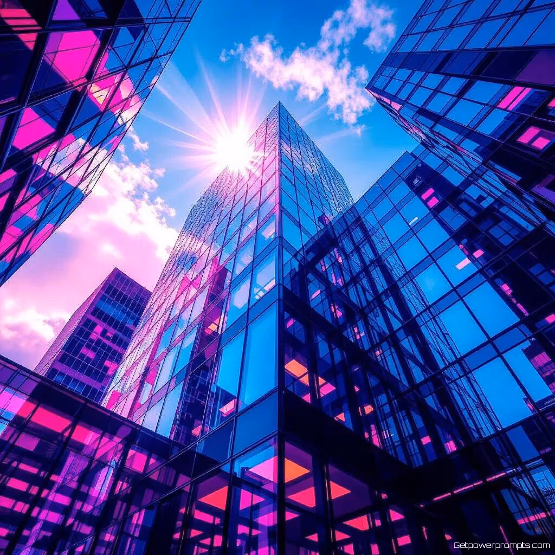 Contemporaine kantoor toren, infrarood architectuurfotografie, groothoek perspectief perspectief, fel zonlicht belichting, dramatische atmosfeer atmosfeer, vals kleurenspectrum, professionele architectuurfotografie, scherpe focus, surrealistisch landschap, dramatisch contrast, cyaan en rood kleurenschema kleurenschema, spectrale effecten, atmosferische vervorming