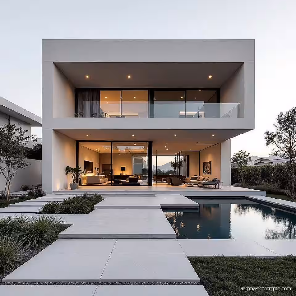 Modern minimalistisch huis, minimalistische architectuurfotografie, gecentreerde compositie perspectief, zachte natuurlijke belichting belichting, monochroom kleurenschema kleurenschema, schone lijnen, negatieve ruimte, geometrische vormen, professionele esthetiek, scherpe focus, architecturaal minimalisme