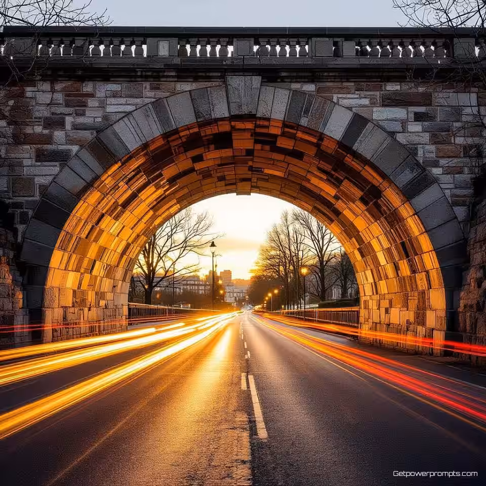 Stenen boogbrug, architectonische bewegingsonscherpe fotografie, laaghoek perspectief perspectief, warme gouden uur belichting belichting, dynamische en energieke sfeer atmosfeer, opzettelijke camerabeweging, dynamische energie, professionele architectuurfotografie, scherpe architectonische elementen, vervaagd bewegings effect, monochroom kleurenschema kleurenschema, stedelijke omgeving, creatieve architectonische interpretatie