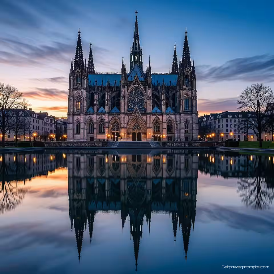 Gotische kathedraal met torenspitsen, architectuur reflectiefotografie, rustig meer of vijver oppervlak, perfect gecentreerde reflectie perspectief, warm gouden uur licht belichting, serieuze architectonische sfeer atmosfeer, gespiegelde compositie, professionele architectuurfotografie, scherpe focus, symmetrische reflectie, zwart-wit monochroom kleurenschema, water- of glasreflecties, stedelijke omgeving