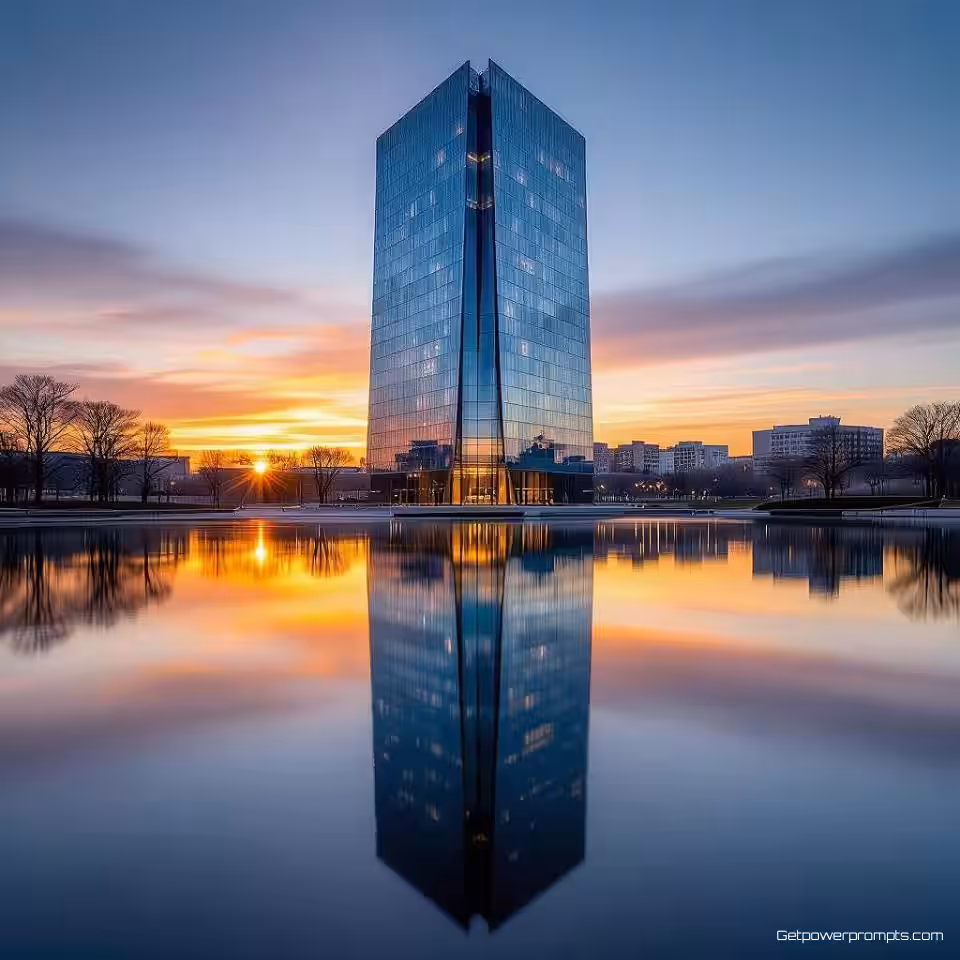 Hedendaagse glazen wolkenkrabber, architectuur reflectiefotografie, rustig meer of vijver oppervlak, perfect gecentreerde reflectie perspectief, warm gouden uur licht belichting, serieuze architectonische sfeer atmosfeer, gespiegelde compositie, professionele architectuurfotografie, scherpe focus, symmetrische reflectie, zwart-wit monochroom kleurenschema, water- of glasreflecties, stedelijke omgeving