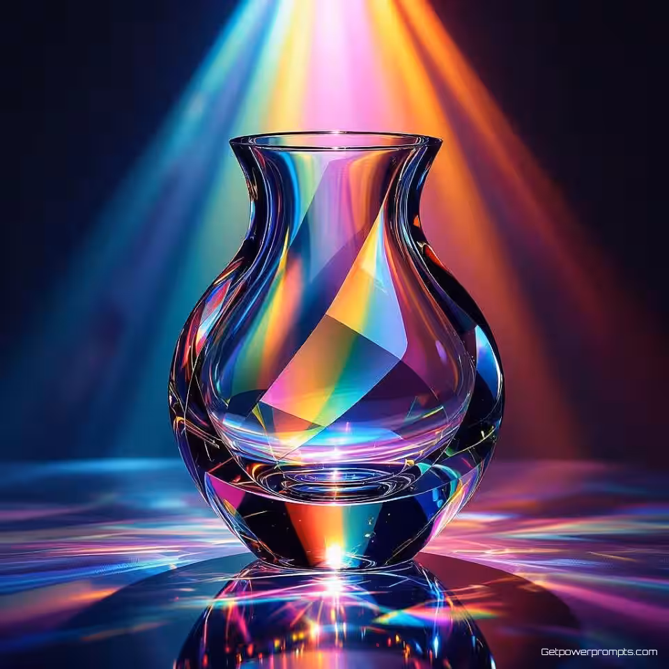 Kristallen vaas, experimentele glasfotografie, fotorealistisch, levendige regenboog, macro perspectief, zacht diffuus verlichting, effen zwart achtergrond, brekingsvervorming, lichtbuigpatronen, optische illusies, transparante materialen, abstracte breking, geometrische lichtdispersie, experimentele compositie, ingewikkelde glasstructuren
