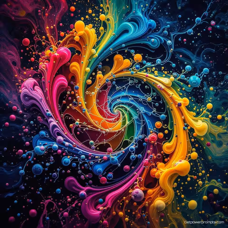 Inktwervelingen, experimentele vloeistoffotografie, fotorealistisch, levendige regenboog, macroperspectief, studio achtergrondverlichting verlichting, effen zwart achtergrond, vloeistofdynamica, organische beweging, abstracte patronen, hogesnelheidscapture, oppervlaktespanningseffecten, levendige druppels, artistieke compositie