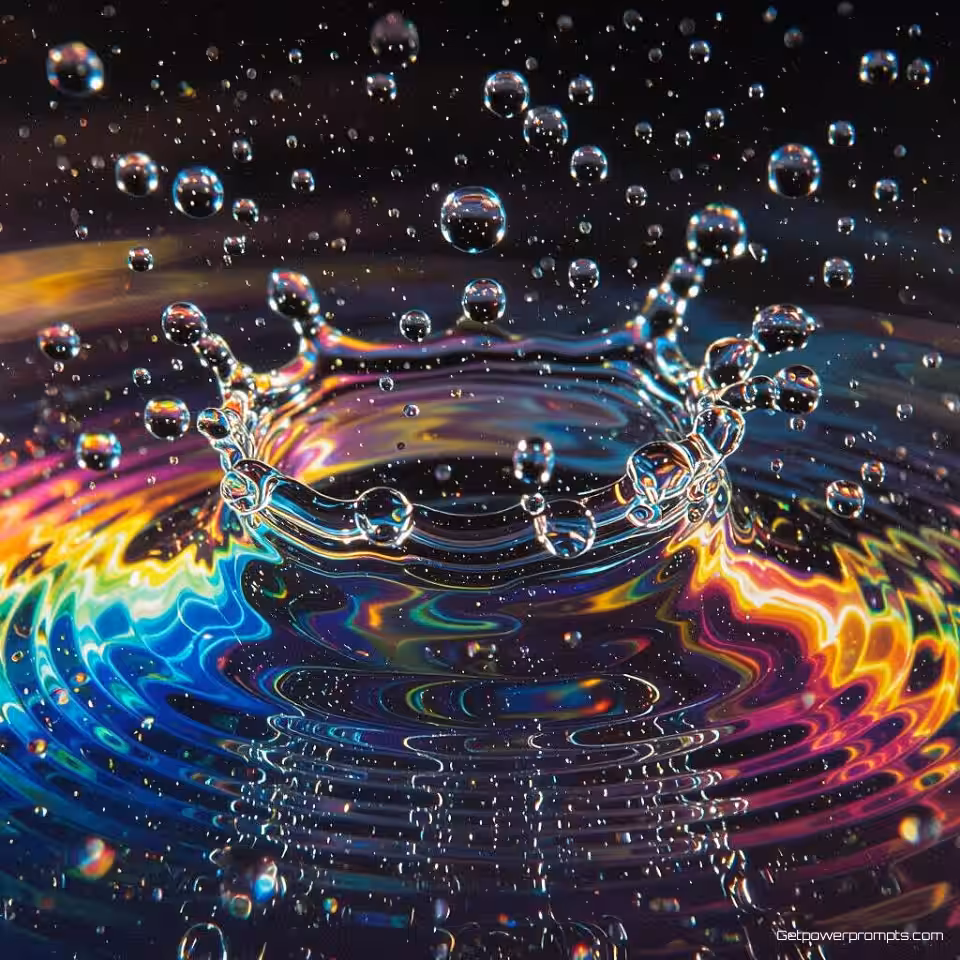 Waterdruppels, experimentele vloeistoffotografie, fotorealistisch, levendige regenboog, macroperspectief, studio achtergrondverlichting verlichting, effen zwart achtergrond, vloeistofdynamica, organische beweging, abstracte patronen, hogesnelheidscapture, oppervlaktespanningseffecten, levendige druppels, artistieke compositie