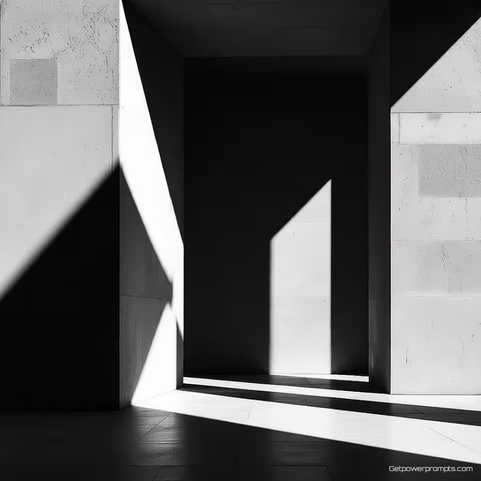 Architectonische elementen, experimentele schaduwfotografie, fotorealistisch, monochroom, hard licht belichting, effen kleur achtergrond, negatieve ruimte compositie, silhouetvormen, dramatisch contrast, abstracte patronen, licht en schaduw samenspel, minimalistische esthetiek, geometrische schaduwen, vluchtige vormen