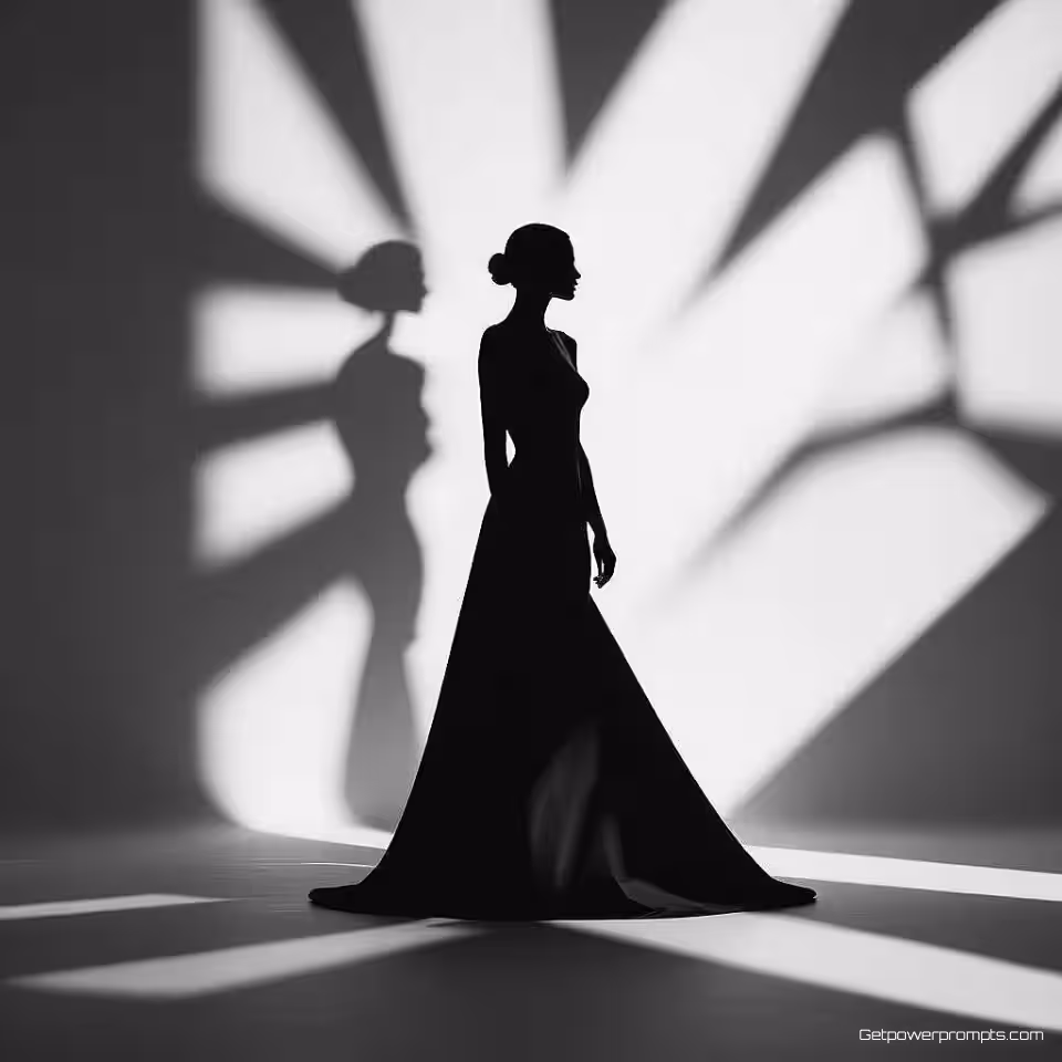 Menselijk silhouet, experimentele schaduwfotografie, fotorealistisch, monochroom, hard licht belichting, effen kleur achtergrond, negatieve ruimte compositie, silhouetvormen, dramatisch contrast, abstracte patronen, licht en schaduw samenspel, minimalistische esthetiek, geometrische schaduwen, vluchtige vormen