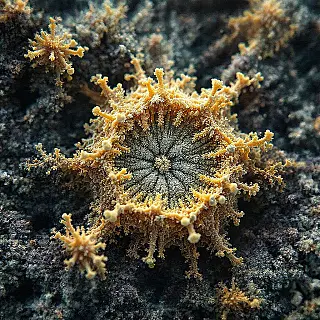 Microscopische cellen, experimentele biomorfe fotografie, fotorealistisch, aardse tinten, macroperspectief, zacht diffuus licht belichting, effen zwart achtergrond, cellulaire structuren, biologische patronen, organische groeivormen, microscopische texturen, natuurlijke symmetrie, abstractie van levend materiaal, biologische esthetiek, ingewikkelde organische details