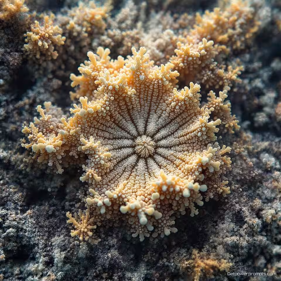 Koraalformaties, experimentele biomorfe fotografie, fotorealistisch, aardse tinten, macroperspectief, zacht diffuus licht belichting, effen zwart achtergrond, cellulaire structuren, biologische patronen, organische groeivormen, microscopische texturen, natuurlijke symmetrie, abstractie van levend materiaal, biologische esthetiek, ingewikkelde organische details