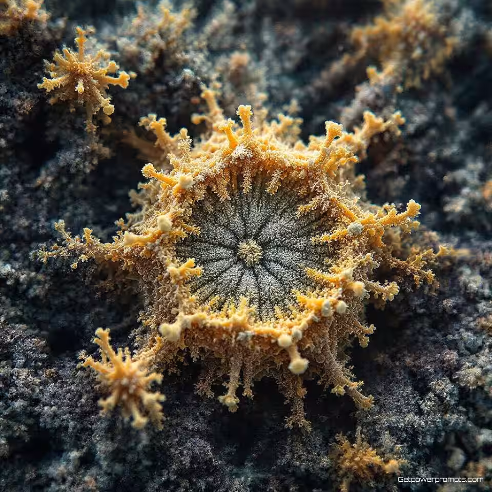 Microscopische cellen, experimentele biomorfe fotografie, fotorealistisch, aardse tinten, macroperspectief, zacht diffuus licht belichting, effen zwart achtergrond, cellulaire structuren, biologische patronen, organische groeivormen, microscopische texturen, natuurlijke symmetrie, abstractie van levend materiaal, biologische esthetiek, ingewikkelde organische details