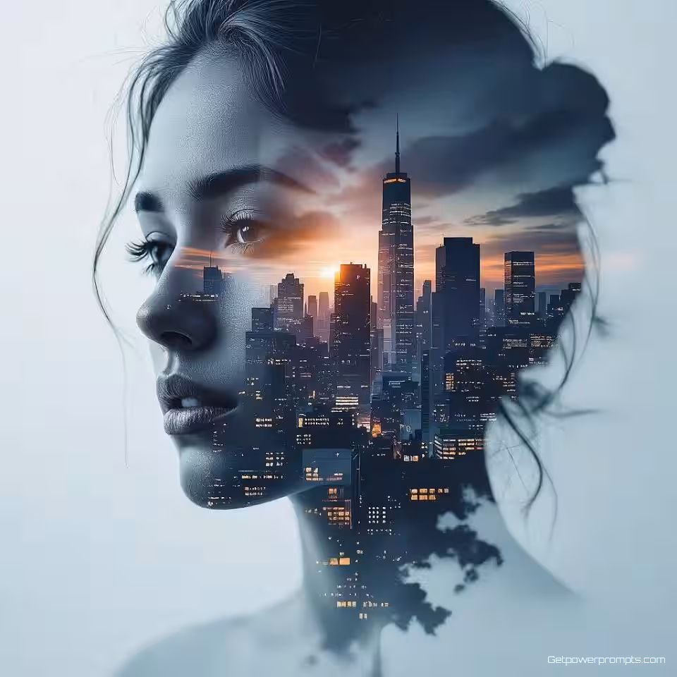 Menselijk gezicht met stedelijke skyline, experimentele dubbele belichting fotografie, fotorealistisch, monochroom, zacht natuurlijk licht belichting, wazig achtergrond, gelaagde compositie, transparante overlays, etherisch mengen, abstracte fusie, meervoudige belichtingstechniek, droomachtige sfeer, experimentele fotografie