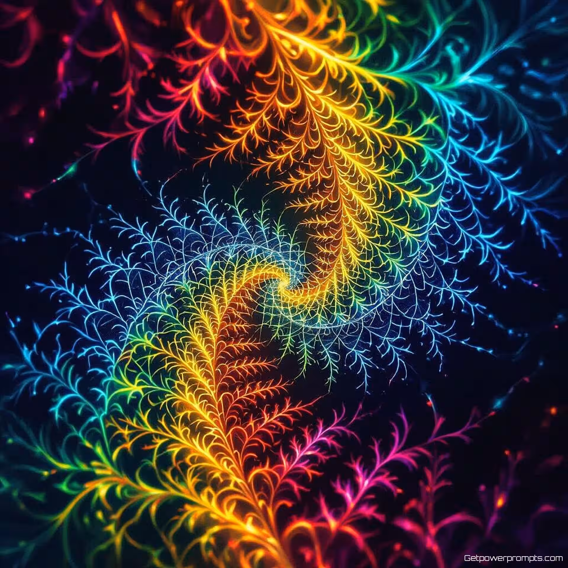 Fractale varen, experimentele fractale fotografie, fotorealistisch, levendige regenboog, macroperspectief, dramatisch verlichting, effen achtergrond, wiskundige recursiepatronen, oneindige complexiteit, geometrische zelfgelijkvormigheid, abstracte wiskundige kunst, ingewikkelde fractale structuren, experimentele compositie, digitale wiskundige visualisatie