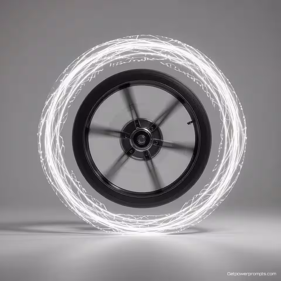 Draaiend wiel, experimentele kinetische fotografie, fotorealistisch, monochroom, studio verlichting verlichting, effen achtergrond achtergrond, bewegingsonscherpe effecten, dynamische bewegingspatronen, time-lapse compositie, abstracte bewegingssporen, bevroren animatie, energieflowvisualisatie, temporele vervorming, experimentele opnametechnieken