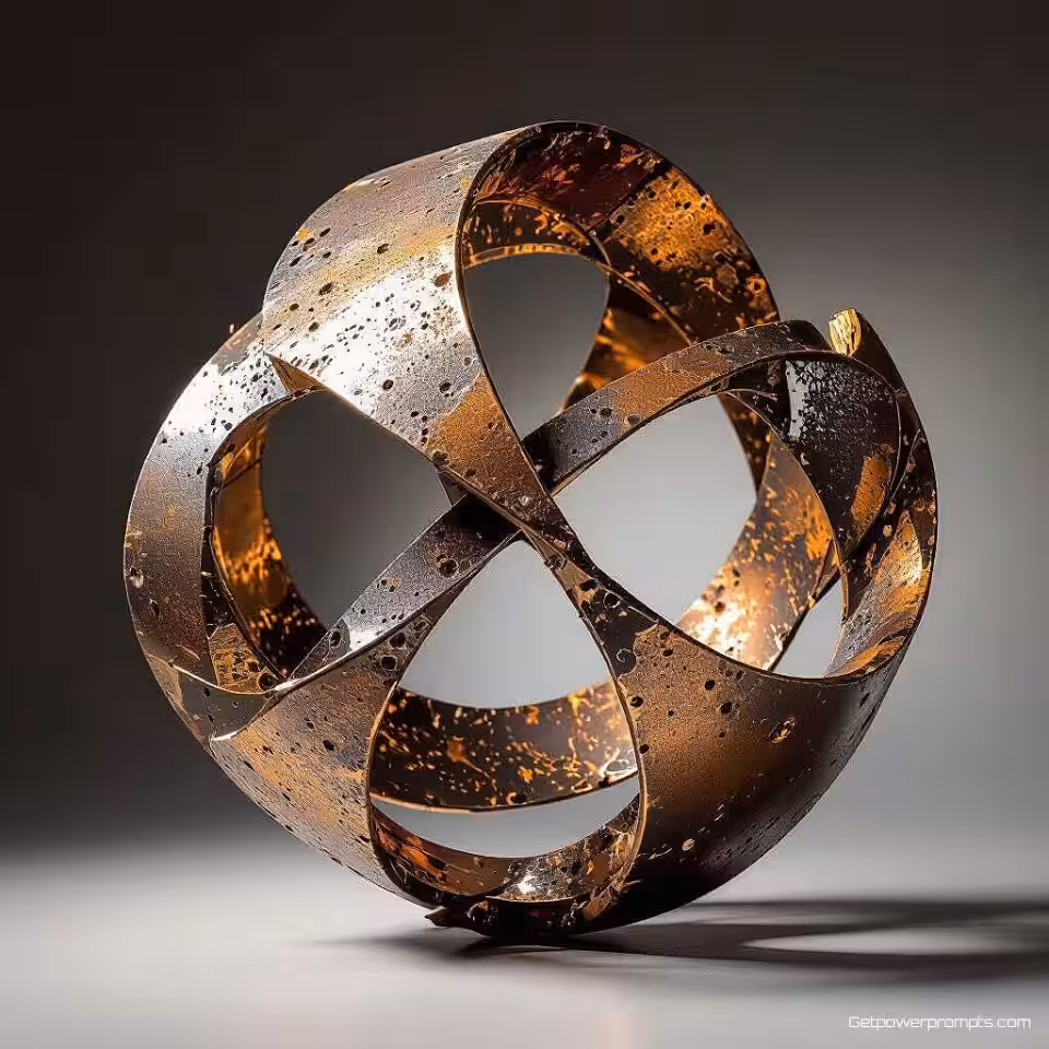 Koperdraad sculptuur, experimentele metaalfotografie, fotorealistisch, metalen tinten, macroperspectief, dramatische zijverlichting verlichting, effen zwart achtergrond, industriële texturen, metalen oppervlakken, oxidatiepatronen, abstracte metaalvormen, geometrische metaalstructuren, industriële esthetiek, verweerde oppervlakken, reflecterende eigenschappen