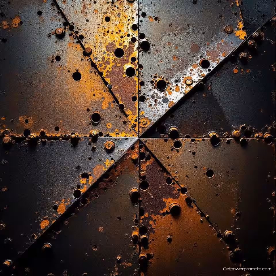 Geroest stalen plaat, experimentele metaalfotografie, fotorealistisch, metalen tinten, macroperspectief, dramatische zijverlichting verlichting, effen zwart achtergrond, industriële texturen, metalen oppervlakken, oxidatiepatronen, abstracte metaalvormen, geometrische metaalstructuren, industriële esthetiek, verweerde oppervlakken, reflecterende eigenschappen