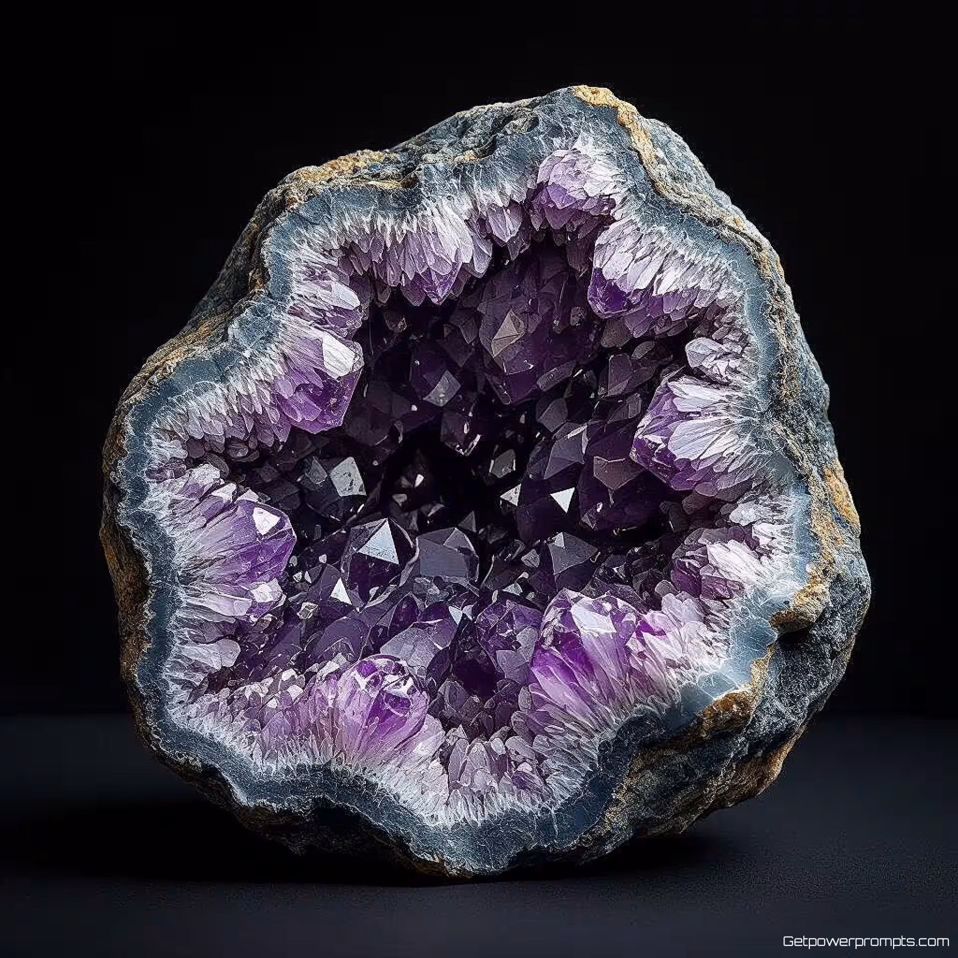 Amethist geode, experimentele mineralenfotografie, fotorealistisch, aardse tonen, macroperspectief, studio verlichting verlichting, effen zwart achtergrond, kristallijne structuren, geologische formaties, mineraaltexturen, abstracte mineraalpatronen, natuurlijke kristalgroei, ingewikkelde mineraaldetails, wetenschappelijke abstractie