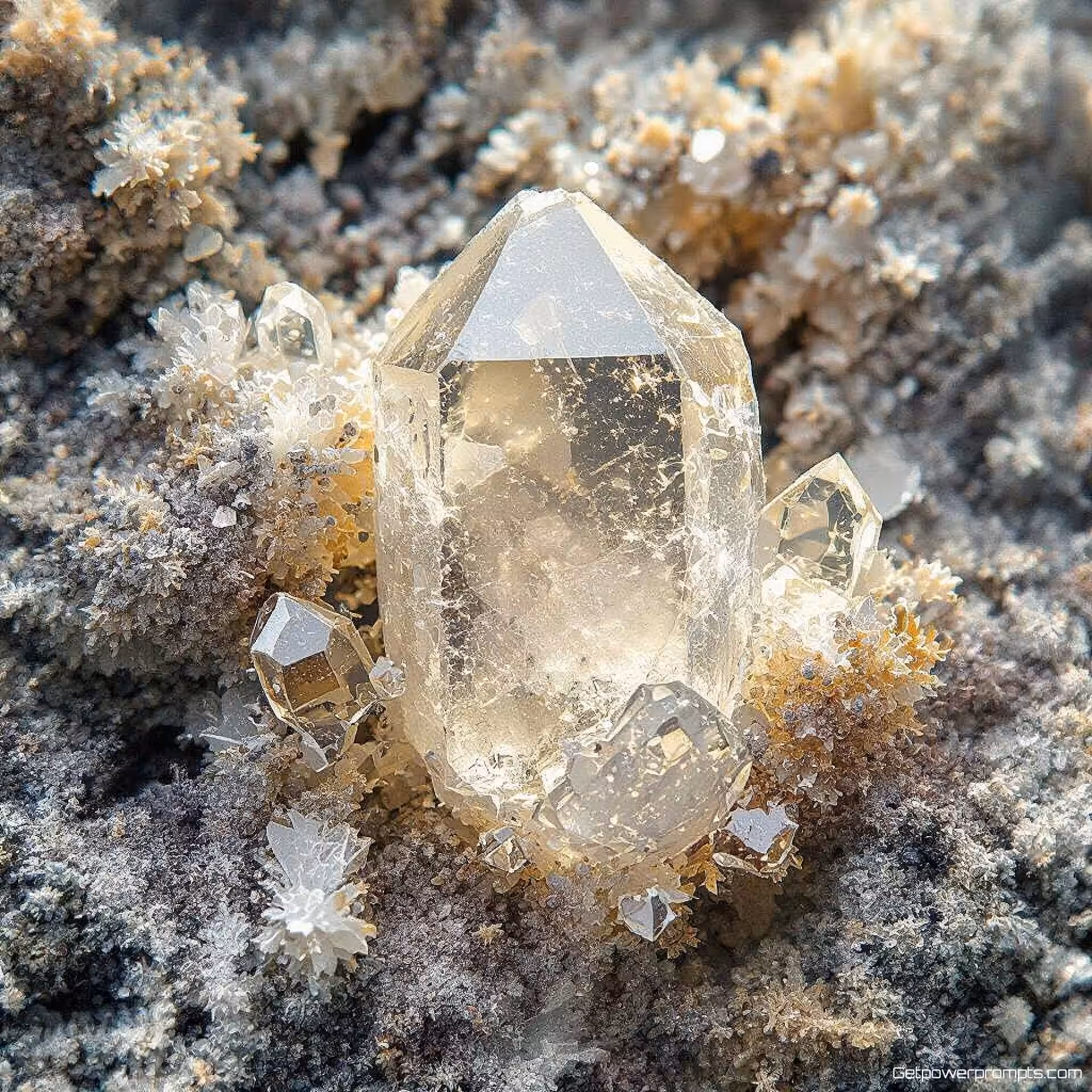 Kwarts kristal, experimentele mineralenfotografie, fotorealistisch, aardse tonen, macroperspectief, studio verlichting verlichting, effen zwart achtergrond, kristallijne structuren, geologische formaties, mineraaltexturen, abstracte mineraalpatronen, natuurlijke kristalgroei, ingewikkelde mineraaldetails, wetenschappelijke abstractie