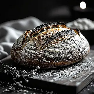 Ambachtelijk zuurdesembrood, zwart-wit voedsel fotografie, fijne kunst, close-up perspectief, dramatisch belichting, dramatisch sfeer, culinaire presentatie, textuur details, monochrome tonen, fijne kunst esthetiek, professionele kwaliteit, dramatische schaduwen