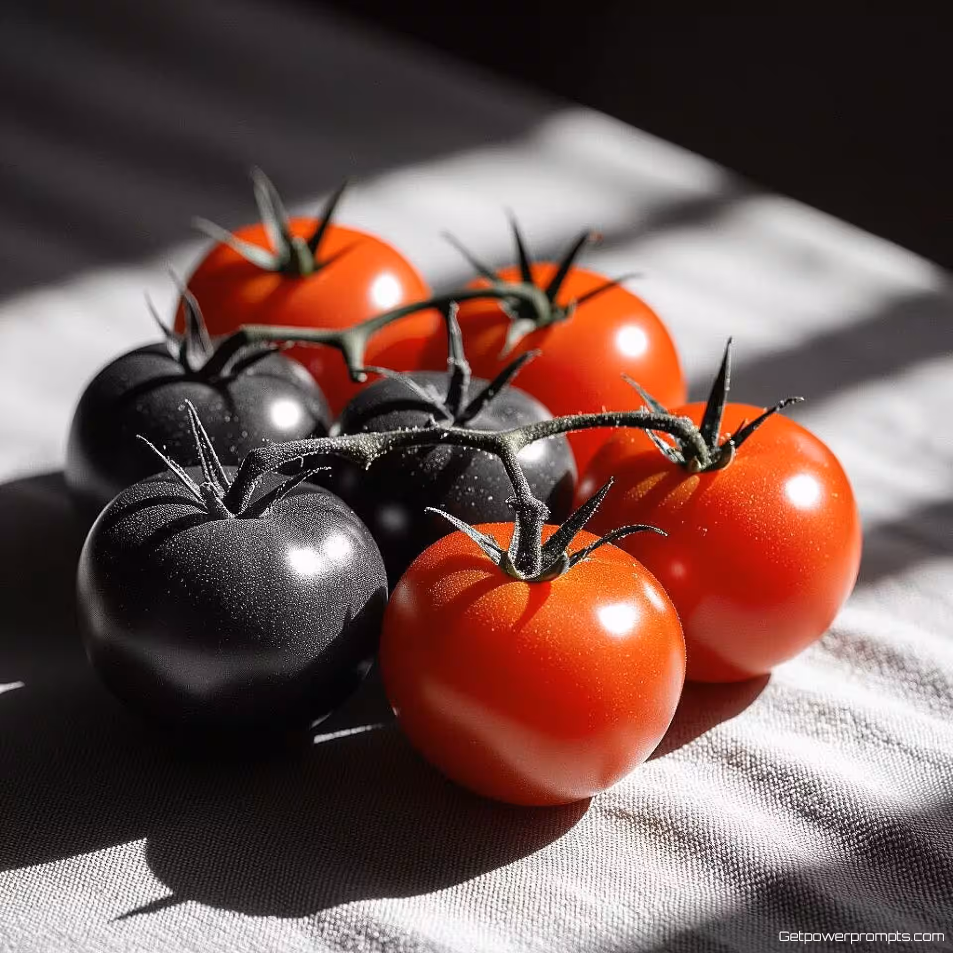 Verse tomaten van de boerderij, zwart-wit voedsel fotografie, fijne kunst, close-up perspectief, dramatisch belichting, dramatisch sfeer, culinaire presentatie, textuur details, monochrome tonen, fijne kunst esthetiek, professionele kwaliteit, dramatische schaduwen
