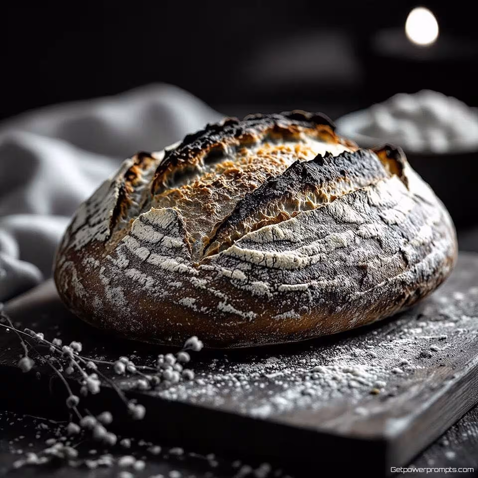 Ambachtelijk zuurdesembrood, zwart-wit voedsel fotografie, fijne kunst, close-up perspectief, dramatisch belichting, dramatisch sfeer, culinaire presentatie, textuur details, monochrome tonen, fijne kunst esthetiek, professionele kwaliteit, dramatische schaduwen