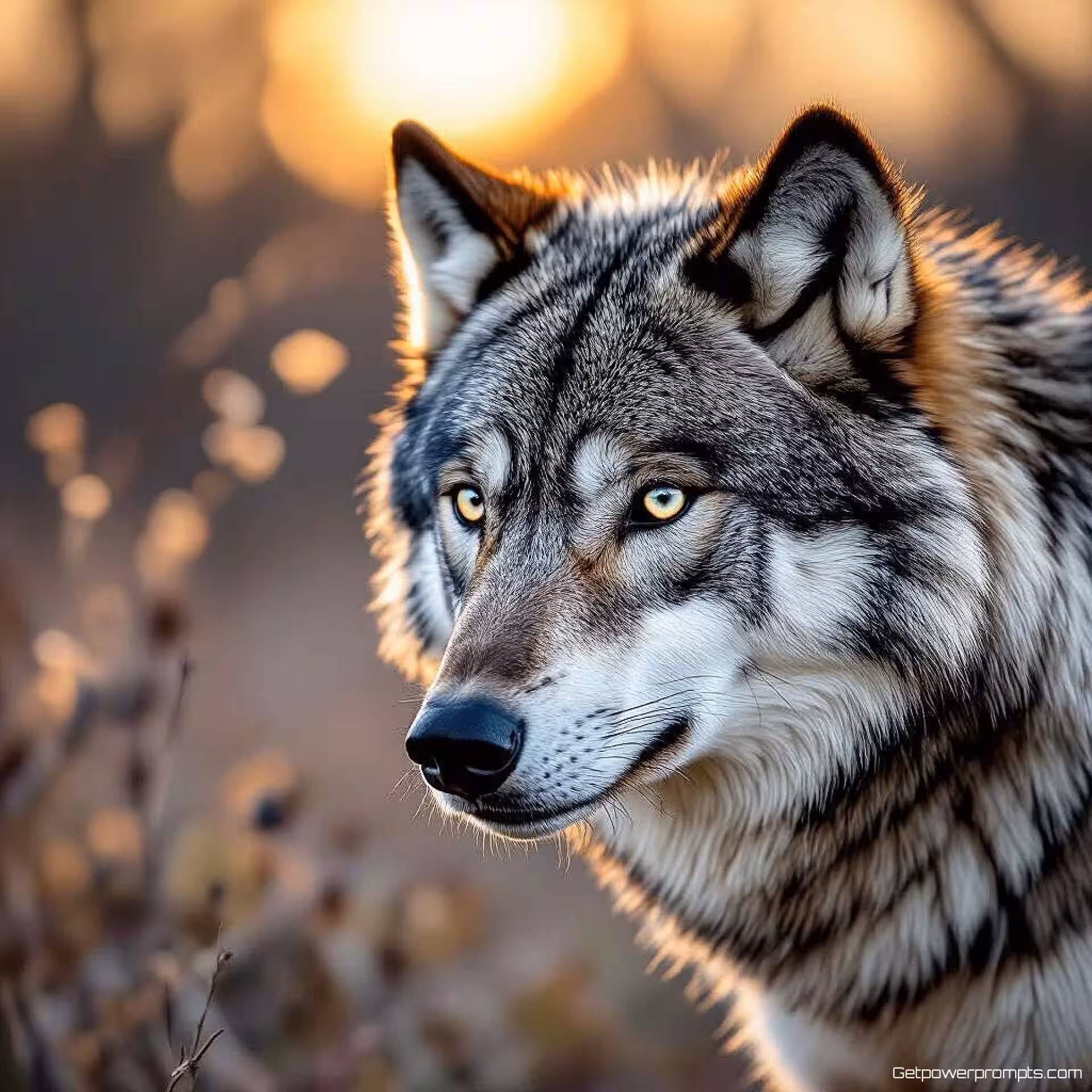 Wolf, zwart-wit natuurfotografie, close-up perspectief, gouden uur belichting, majestueus sfeer, natuurlijke habitat, diergedrag, monochrome tonen, fijne kunst esthetiek, textuurdetails, omgevingsverhaal, professionele kwaliteit