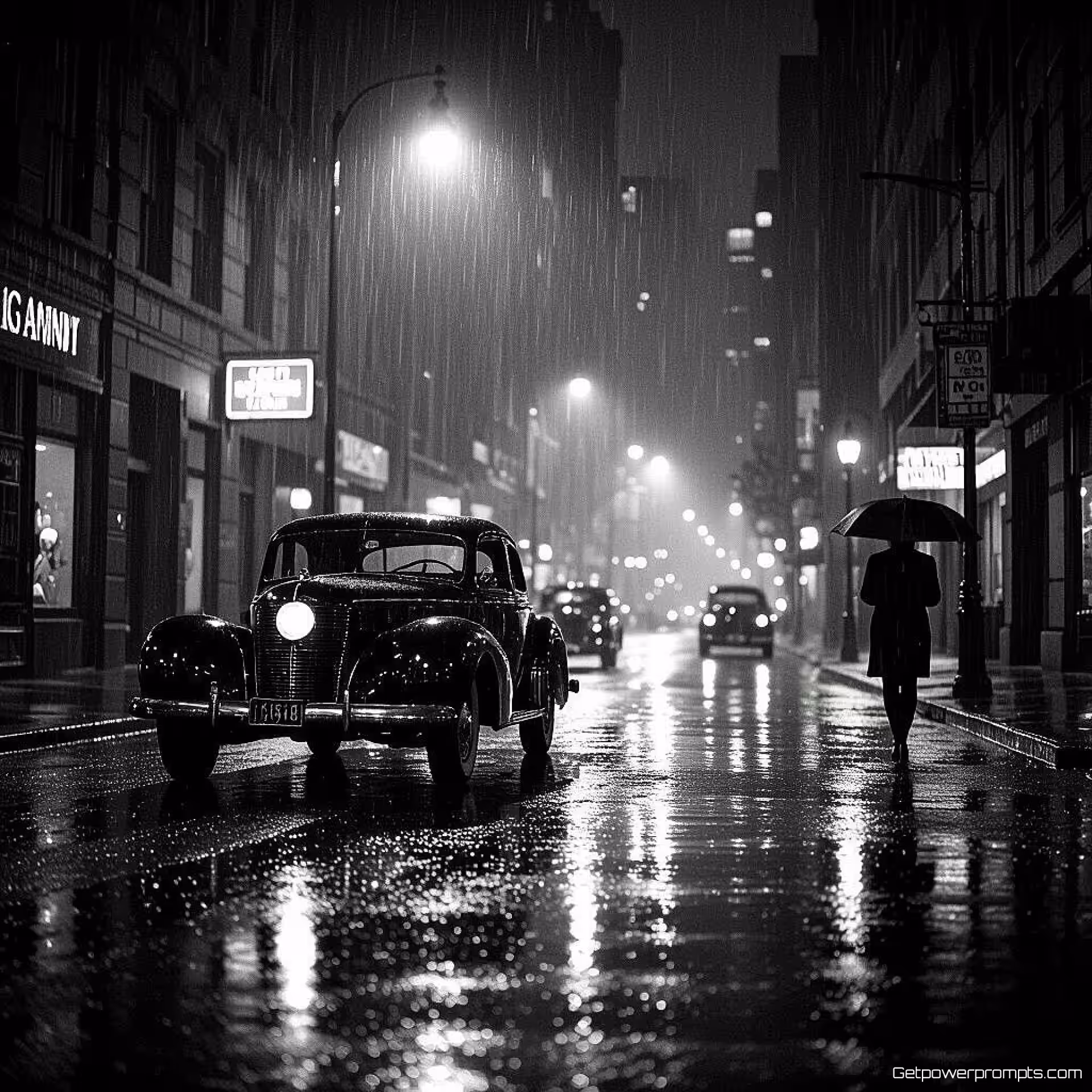 Regenachtige stadstraat 's nachts, cinematografische zwart-wit fotografie, klassieke film noir, dramatische lage hoek perspectief, dramatische chiaroscuro belichting, dreigende sfeer sfeer, dramatische verhaalvertelling, film noir esthetiek, hoog contrast monochroom, atmosferische schaduwen, professionele kwaliteit
